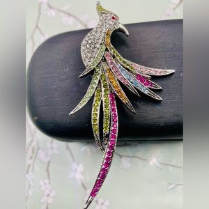 Silver Tone Rhinestone  Art Deco  Multicolor Peacock Bird Brooch Pin